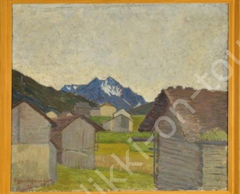 egon-hofmann-abend-in-brigels-mit-kleinen-holzhütten-auf-dem-feld